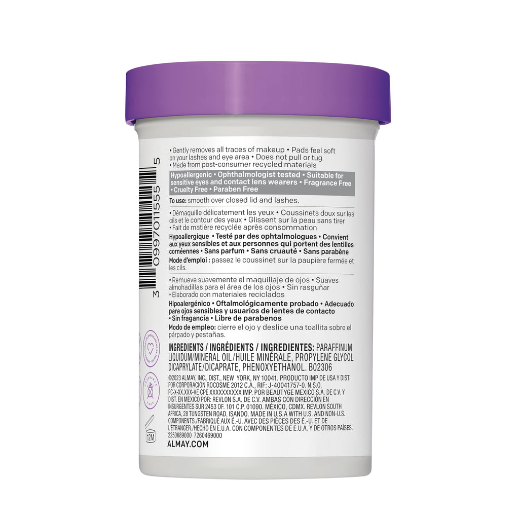 Almay Eye Makeup Remover Pads, Longwear & Waterproof, Hypoallergenic, Fragrance-Free, Ophthalmologist Tested, Stocking Stuffer for Women, 120 count