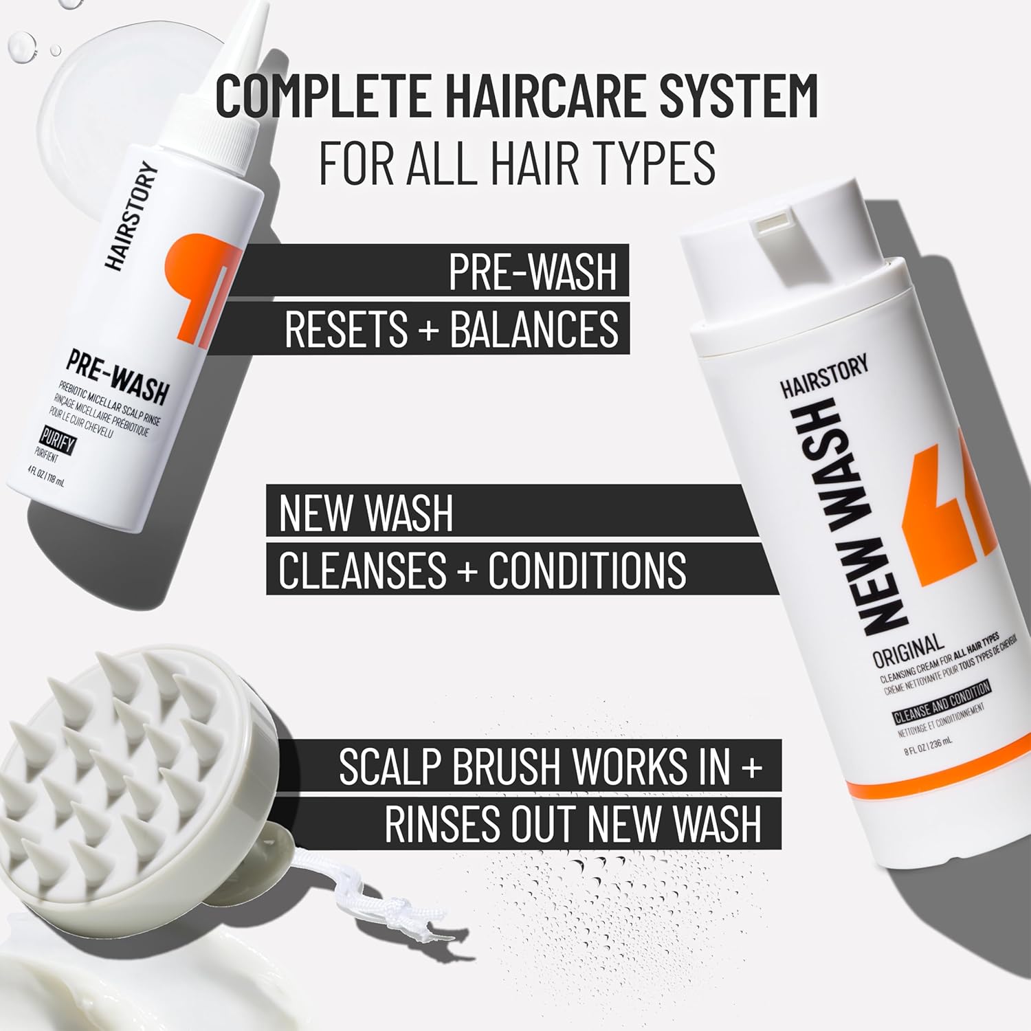 Hairstory New Wash Method for All Hair Types, New Wash Original & Pre-Wash with Scalp Brush, Purifying Scalp Rinse & Cleansing Cream Duo for Scalp and Hair Health