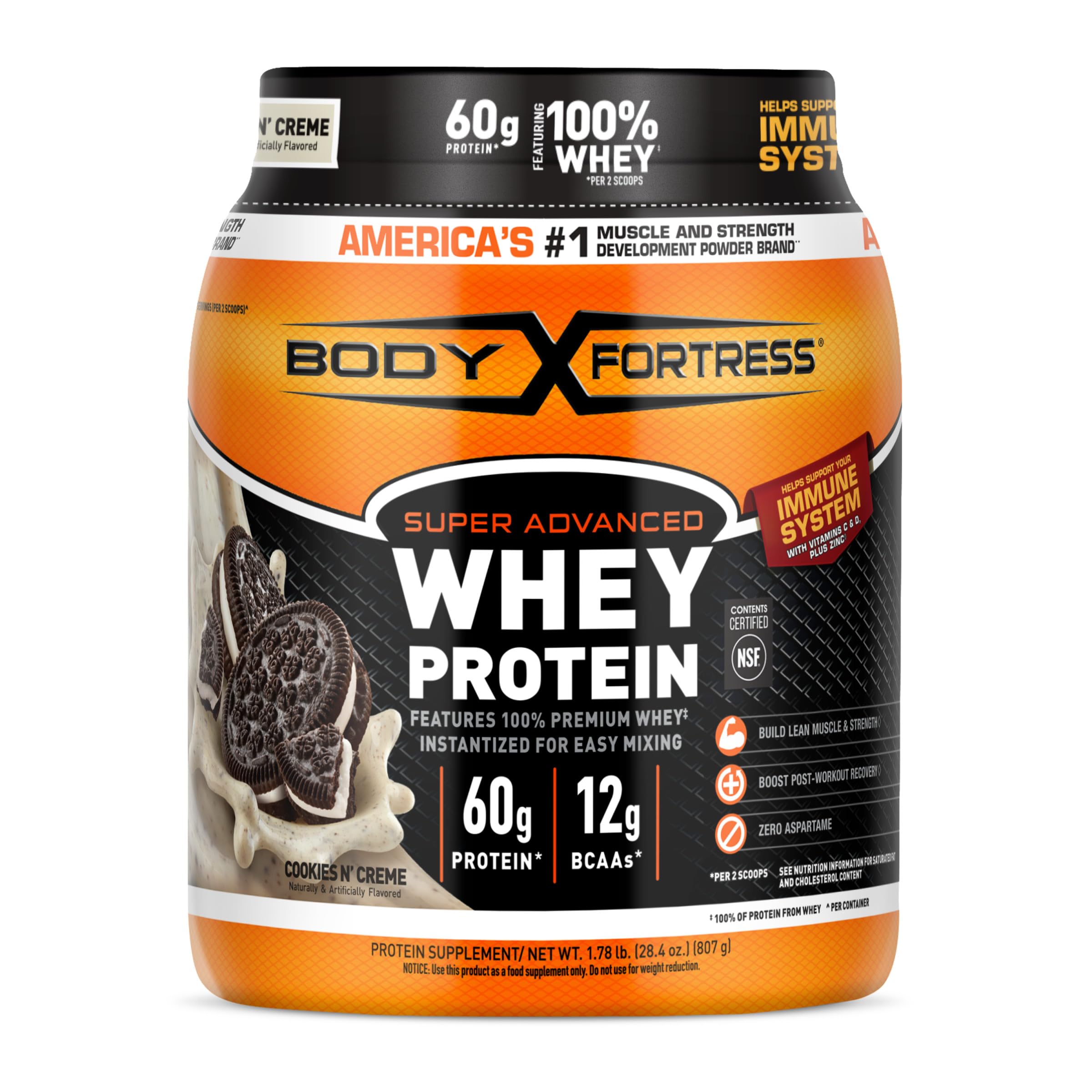 Body Fortress Super Advanced Whey Protein Powder, Chocolate, Immune Support (1), Vitamins C & D Plus Zinc, 3.9 lbs.