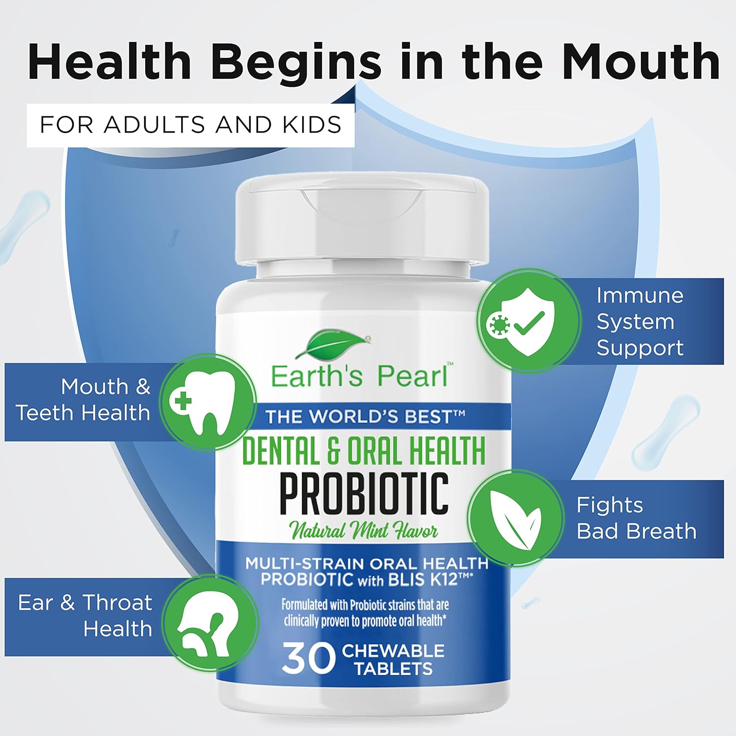 Earth's Pearl Dental Probiotic with BLIS K12 - Oral Probiotics for Oral Health with Mint Flavor - 30-Day Supply of Dental Probiotics for Bad Breath and Dental Health - Children and Adult Oral Care