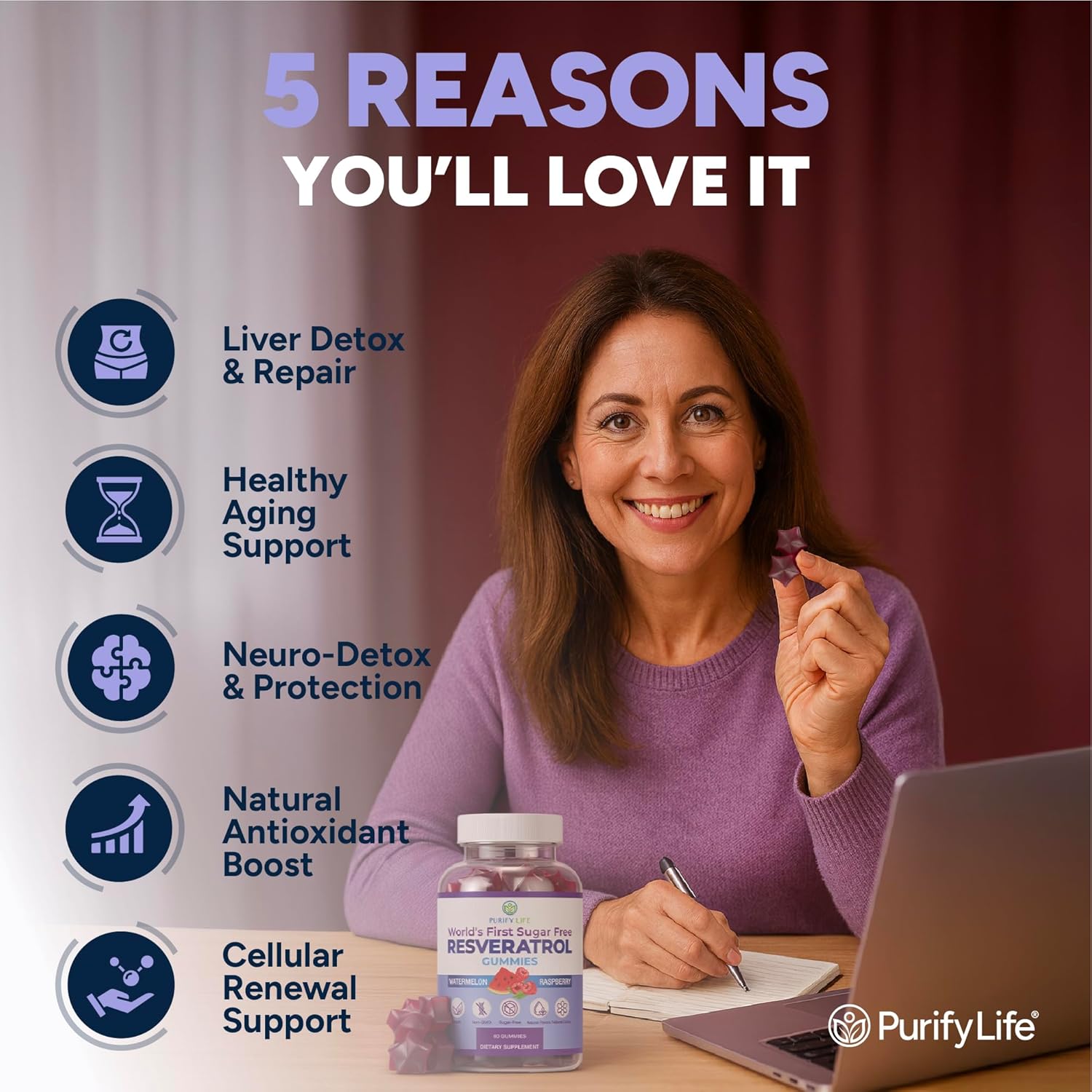 Sugar-Free Resveratrol Gummies - Potent Anti-Aging Antioxidant - Resveratrol Supplement to Support Digestive & Immune Health - Natural Herb for Cell Growth & Repair - Easy Chewable NMN Alternative