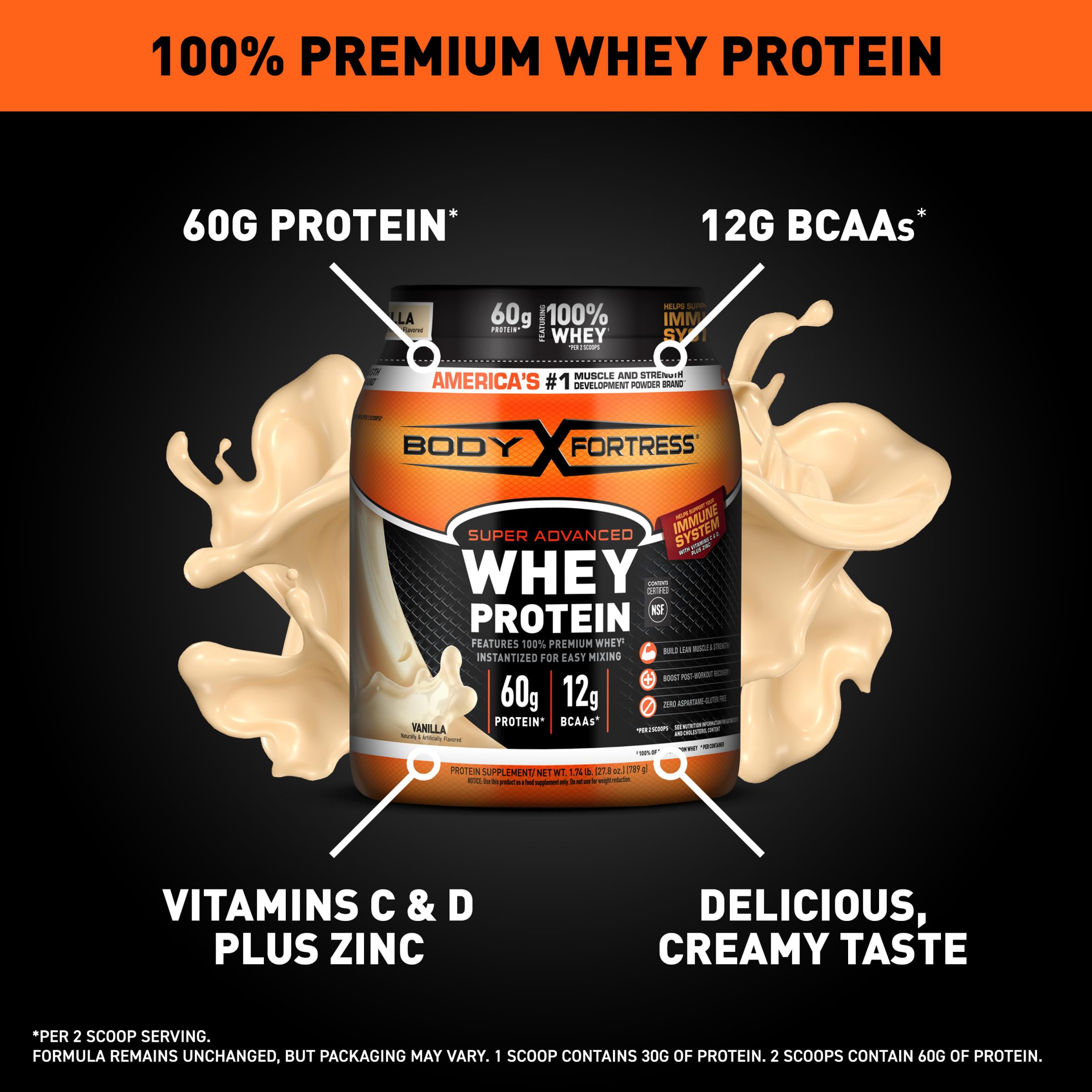 Body Fortress Super Advanced Whey Protein Powder, Chocolate, Immune Support (1), Vitamins C & D Plus Zinc, 3.9 lbs.