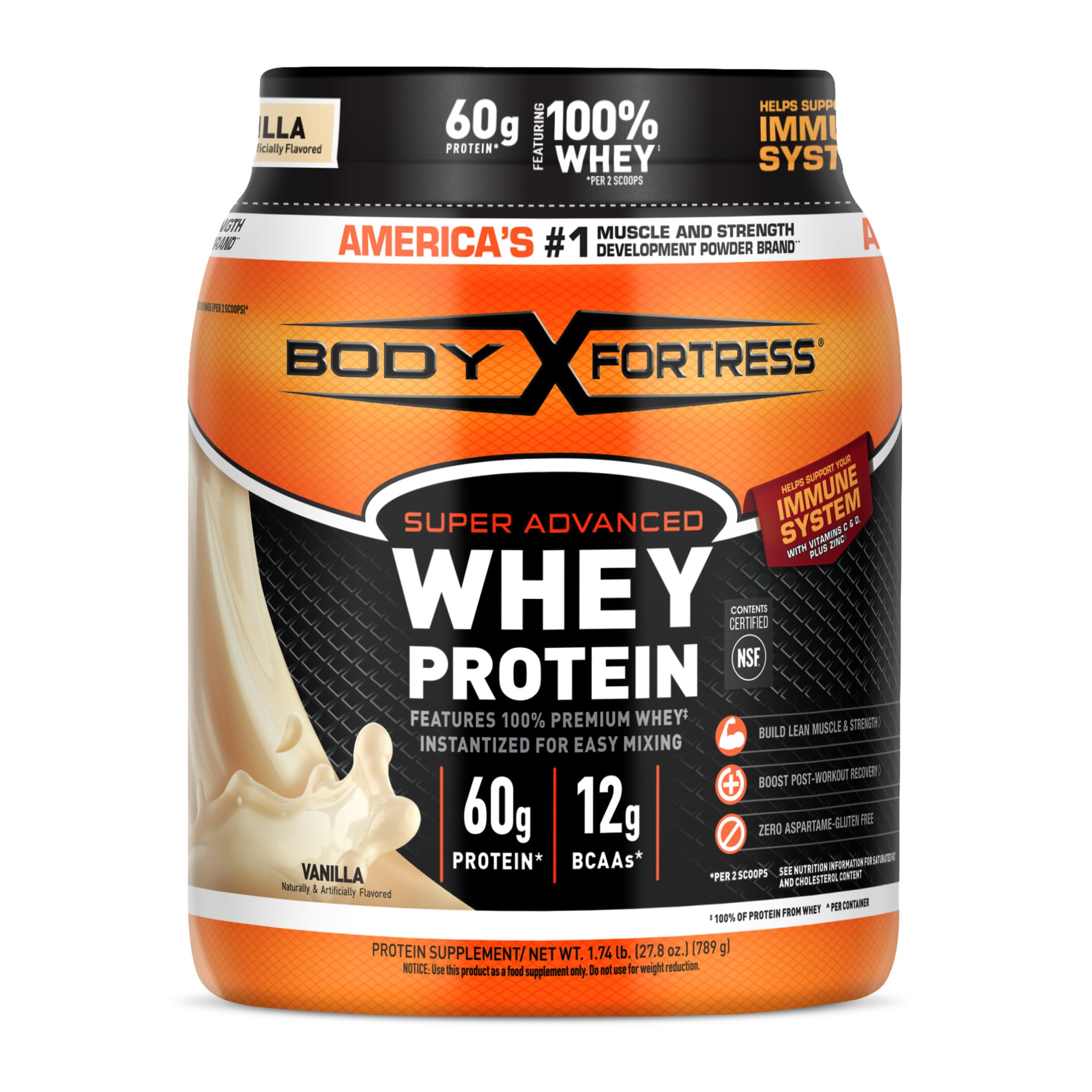 Body Fortress Super Advanced Whey Protein Powder, Chocolate, Immune Support (1), Vitamins C & D Plus Zinc, 3.9 lbs.