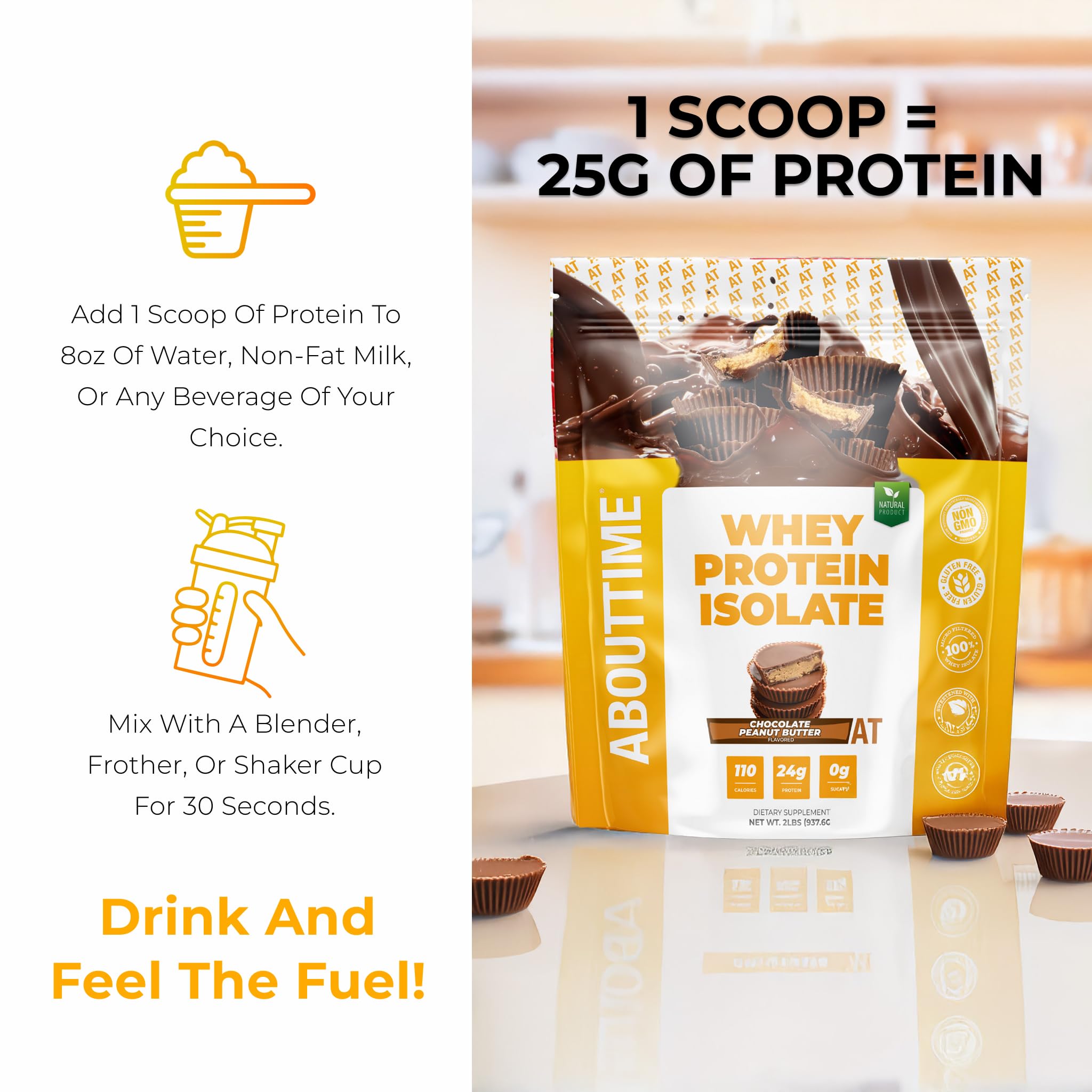 About Time Whey Protein Isolate Powder 25g Vanilla, Natural Ingredients, Non-GMO, Gluten-Free, Lactose-Free, Zero Sugar, Low Carb, 32 Servings