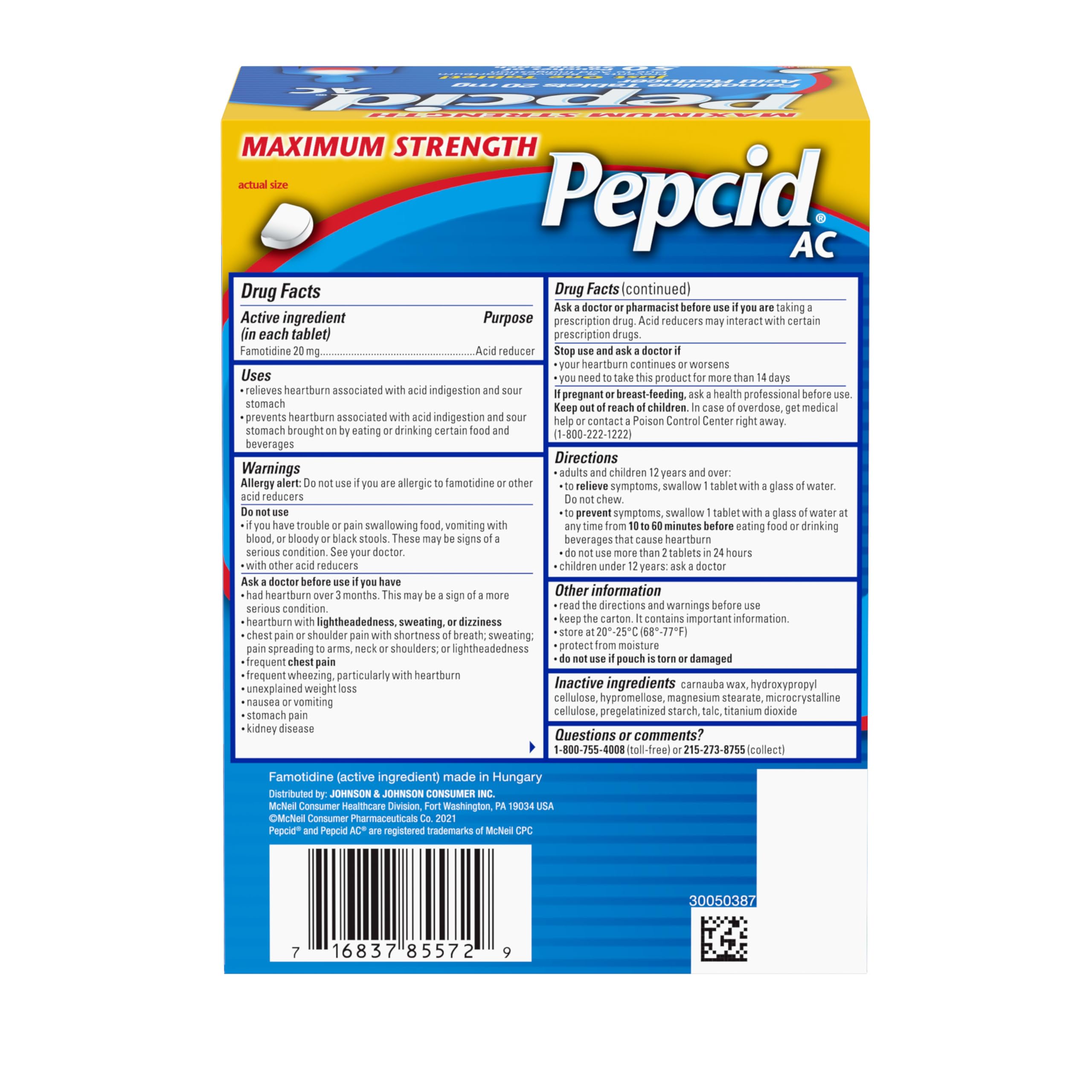 Pepcid AC Maximum Strength Heartburn Relief Tablets, OTC Medicine Prevents & Relieves Heartburn & Acid Reflux Due to Acid Indigestion, 20mg Famotidine Acid Reducer, Fast-Acting, 50 ct