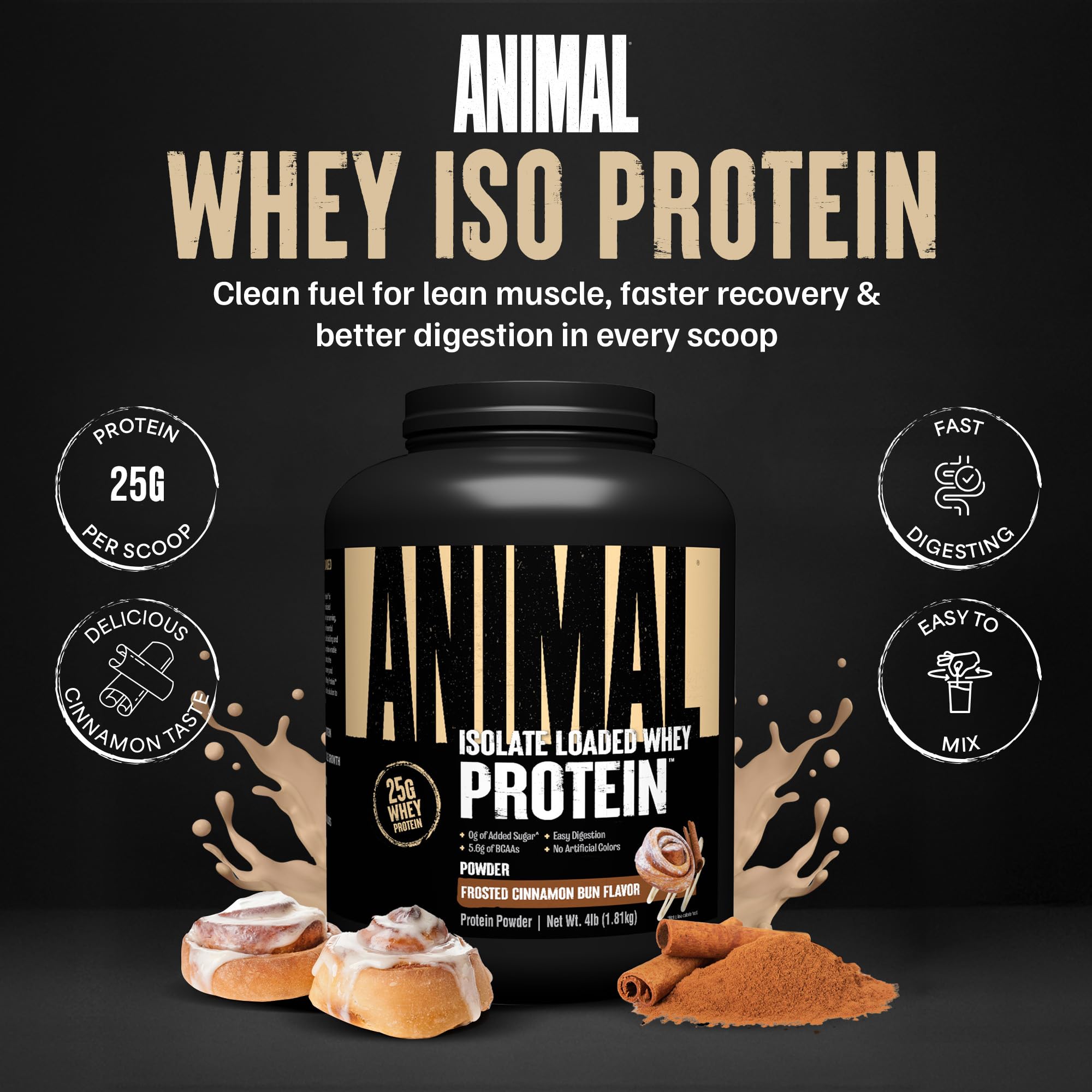 Animal Whey Isolate Protein Powder - Loaded for Pre & Post Workout Muscle Builder and Recovery with Digestive Enzymes for Men & Women - 25g Protein, Great Taste, Low Sugar - Strawberry 4 lbs