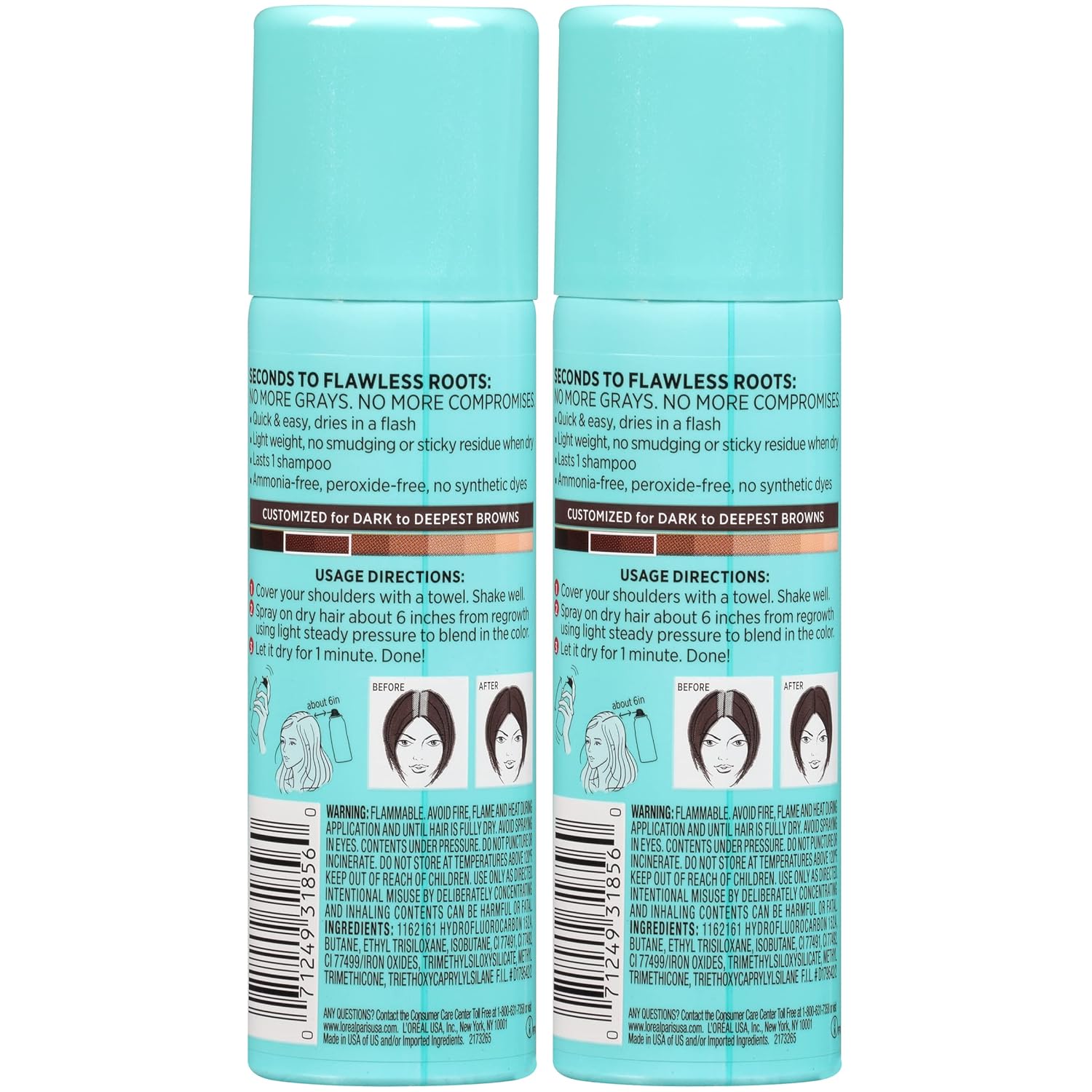 L'Oreal Paris Root Cover Up Temporary Gray Concealer Spray Dark Brown 2 Oz (Pack of 2) (Packaging May Vary)