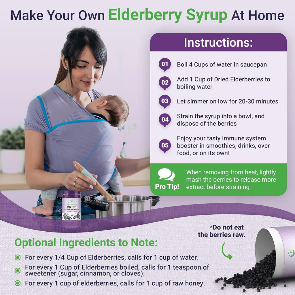 USDA Organic Dried Elderberries 1lb Bulk (Safest Packaging, Resealable Bag, BPA-Free Scoop) Natural, non-irradiated, Raw Whole Black Elderberry, Immune Support, Make Sambucus Elderberry Syrup, 1 Pound