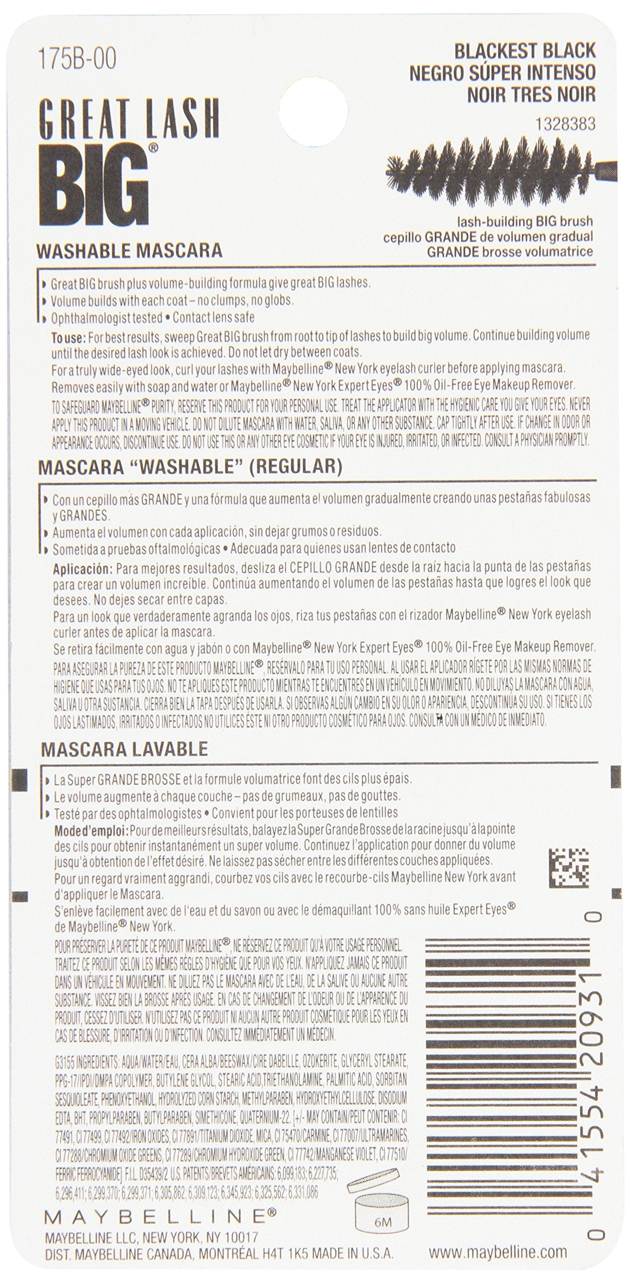Maybelline Great Lash Washable Mascara Makeup, Volumizing Lash-Doubling Formula That Conditions As It Thickens, Blackest Black, 1 Count