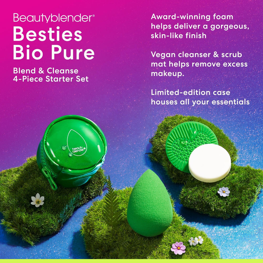 Beautyblender® | Besties Bio Pure Blend & Cleanse 4-Piece Starter Set, Bio Pure Makeup Sponge + Solid Unscented Cleanser .558 oz + Silicone Scrub Mat + Travel Case, Made in USA, Vegan, Sustainable