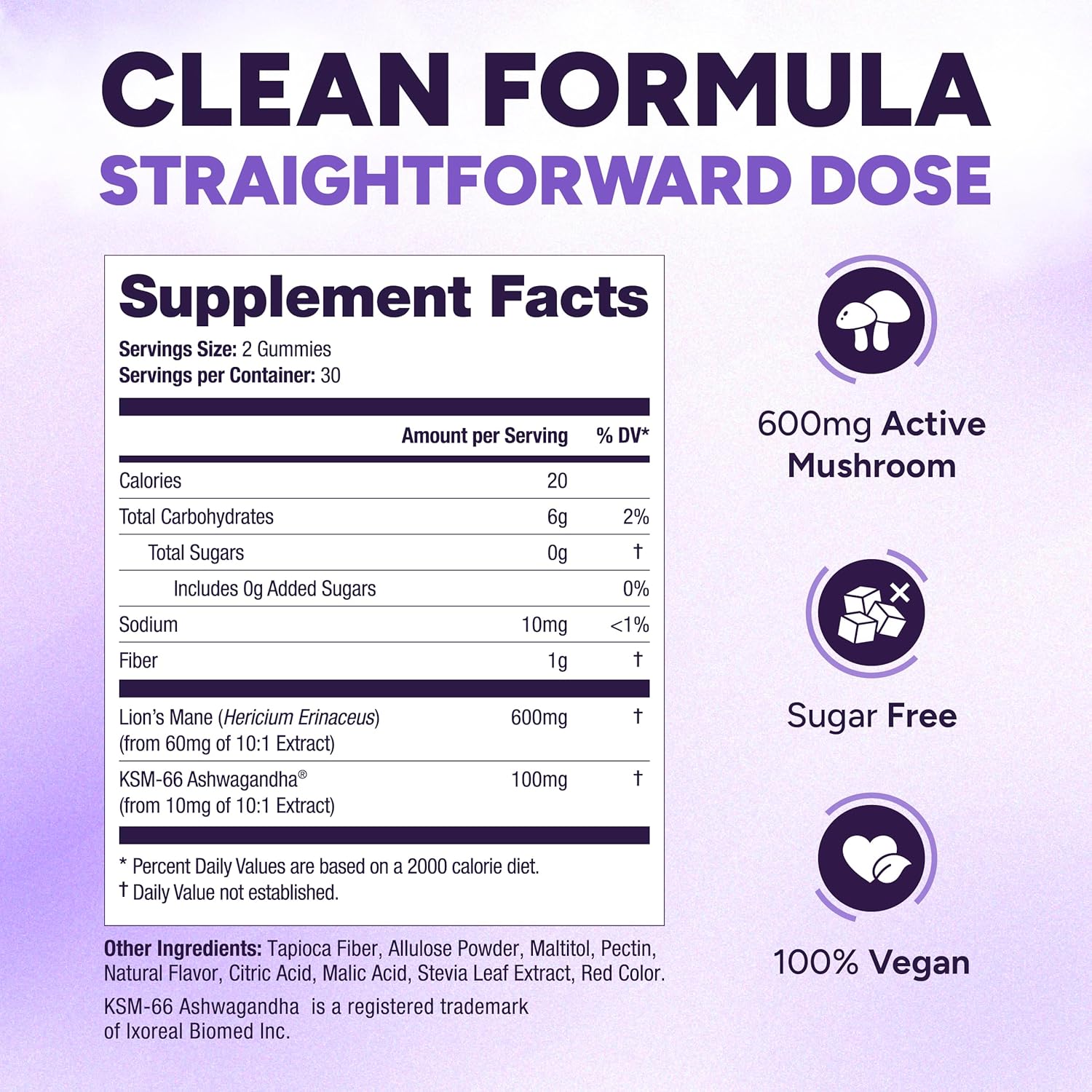 Sugar Free Lions Mane Supplement Gummies with KSM-66 Ashwagandha - Nootropic Supplement for Cognition, Brain Fog, Mental Clarity, Focus & Stress Support - Natural Berry Flavor, Vegan, Made in USA