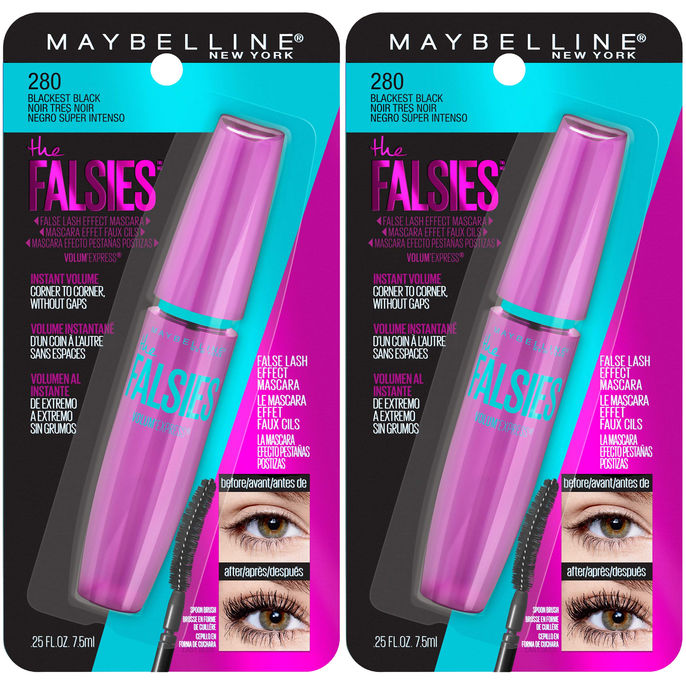 Maybelline Volum' Express The Falsies Washable Fiber Mascara, Volumizing and Separating Make Up Formula, Very Black, 1 Count