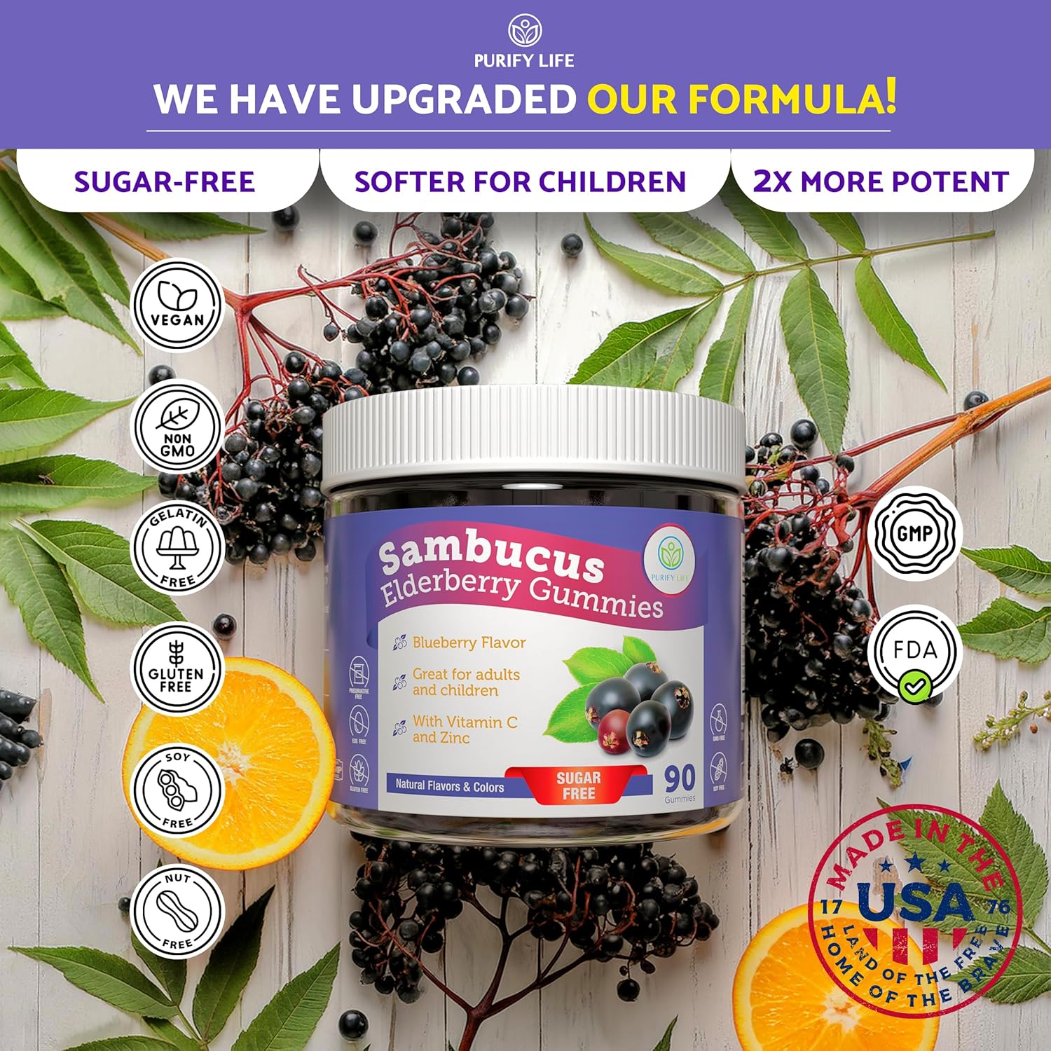 Sugar-Free Elderberry Gummies with Vitamin C & Zinc for Adults and Kids, Immune Support Supplement for Respiratory Health, Sambucus Elderberry Antioxidant Gummies - Vegan, 90 Count