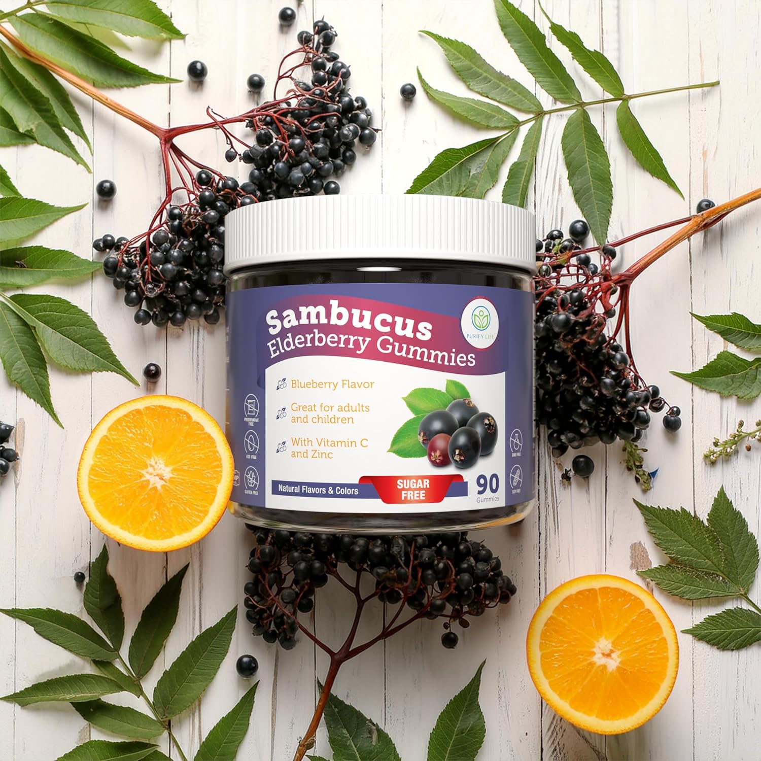 Sugar-Free Elderberry Gummies with Vitamin C & Zinc for Adults and Kids, Immune Support Supplement for Respiratory Health, Sambucus Elderberry Antioxidant Gummies - Vegan, 90 Count