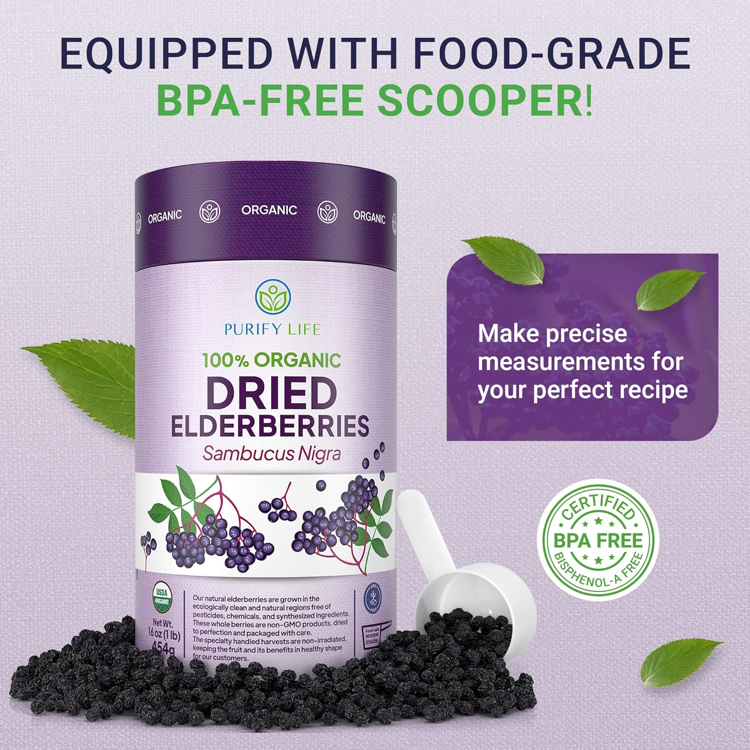 USDA Organic Dried Elderberries 1lb Bulk (Safest Packaging, Resealable Bag, BPA-Free Scoop) Natural, non-irradiated, Raw Whole Black Elderberry, Immune Support, Make Sambucus Elderberry Syrup, 1 Pound